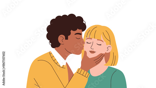 A dark skinned man in a yellow sweater gently kissing a blonde woman with her eyes closed on a white with love