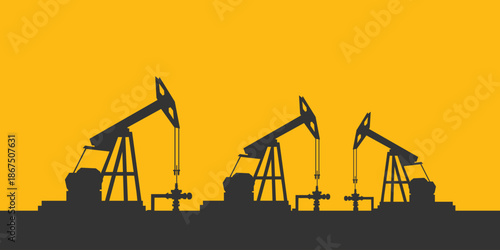 Oil rig pumpjack background. Petroleum industry. Simple flat silhouette banner. Crude oil