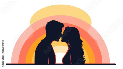 Silhouette of a loving couple kissing in front of a vibrant sunset with a rainbow background with love