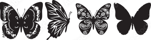 Four stylized black and white butterfly silhouettes with intricate patterns on wings swirls 1