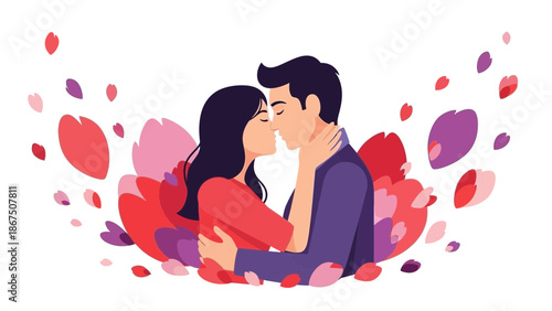 Loving couple sharing a romantic kiss surrounded by colorful heart shaped petals and flowers on white with day