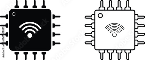 Wi-fi microchip icons, solid and outline styles, isolated on transparent background