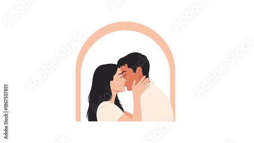 A romantic couple sharing a tender kiss under a peach colored archway with the woman's hand gently with love