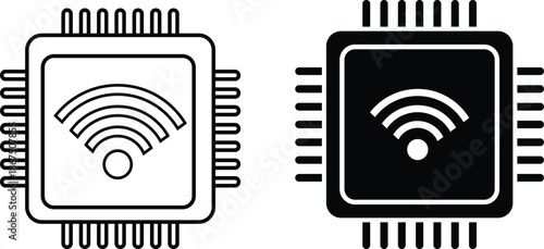 Outline and solid wi-fi chip icons isolated on transparent background