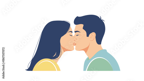 A tender moment of a man and woman kissing each other on the lips with their eyes closed in a colorful