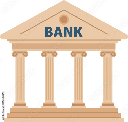 Stylized bank building with columns and 'bank' sign, isolated on transparent background