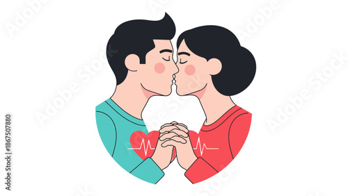 A loving cartoon illustration of a man and woman touching noses with joined hands and heartbeats with love