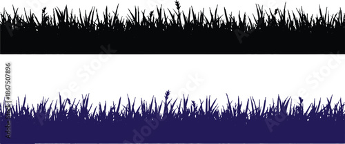Green grass vector illustration featuring a nature meadow field design with a black silhouette equalizer line resembling an audio music wave or radio frequency graph