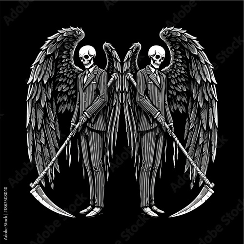 Mirrored Grim Reapers in Suits with Angel Wings and Scythes.