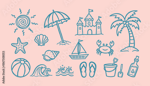 Hand drawn summer beach vector set with palm tree sun and sea elements 