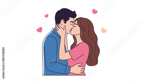 A romantic couple sharing a tender kiss surrounded by floating hearts in a loving embrace on a white with love