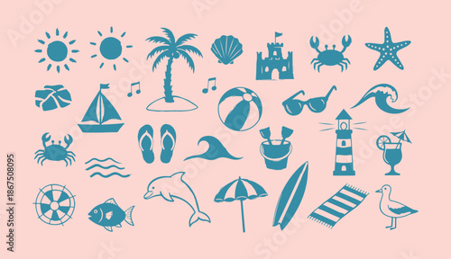 Hand drawn summer beach vacation vector set with sun palm tree dolphin and lighthouse