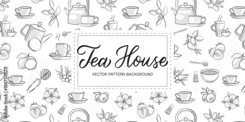 Vintage Tea House Banner with Hand-Drawn Pattern and Lettering in Retro Sketch Style