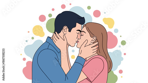 A romantic cartoon illustration of a young couple sharing a tender kiss with colorful abstract with romance
