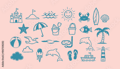 Hand drawn summer beach vector set with sandcastle sun dolphin and ice cream 