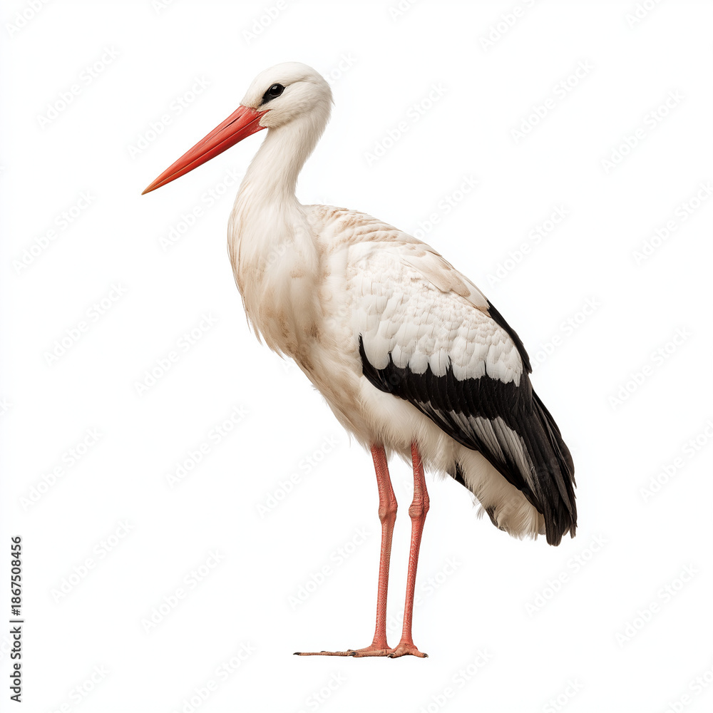 Obraz premium Elegant White Stork Standing Isolated on White Background, Detailed Wildlife Bird Portrait for Nature, Conservation and Education Concepts