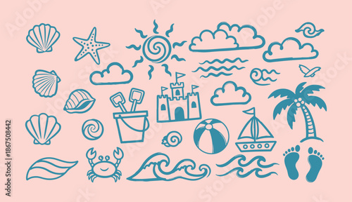 Hand drawn summer beach vector set with sun sandcastle shells and palm tree 