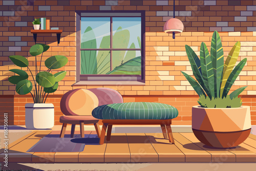 Soft bench with plant and pouf near brick wall in modern room cozy interior design natural light minimalist decor calm atmosphere stock photography