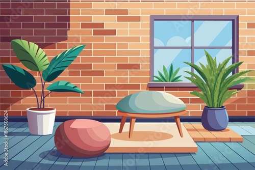 Soft bench with plant and pouf near brick wall in modern room cozy interior design natural light minimalist decor calm atmosphere stock photography