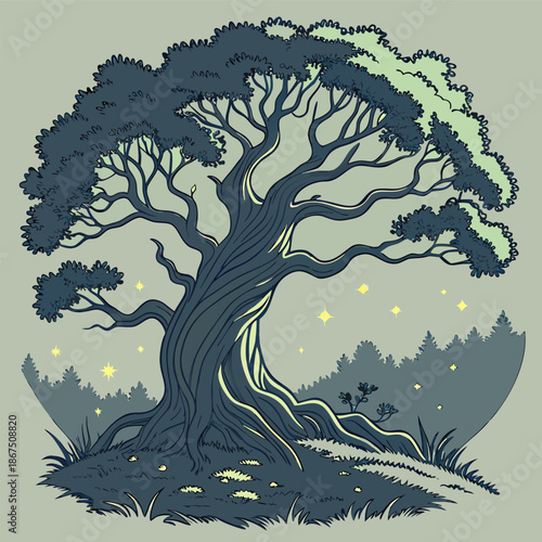 Ancient twisted tree in a mystical forest with glowing fireflies in soft twilight lighting in a stylized illustration for fantasy art.
