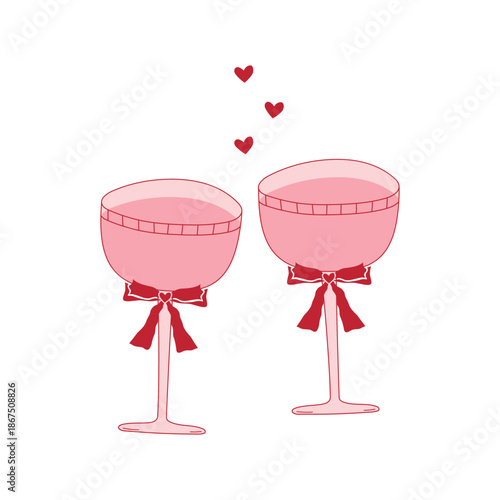 A coquette Valentine's Day illustration featuring two elegant hand-drawn glasses of alcohol. Vector illustration of wine glasses with outlines for a card, poster, or wedding invitation.