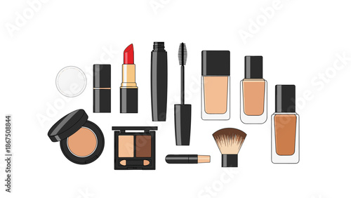 Various makeup items presented on a white background, featuring foundation, lipstick, mascara, powder, eyeshadow, and brushes, ideal for beauty and cosmetic themes.