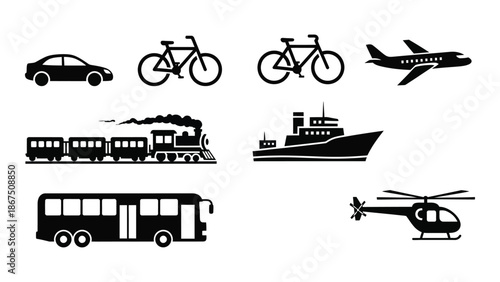 Various modes of transportation illustrated in a simple black and white style