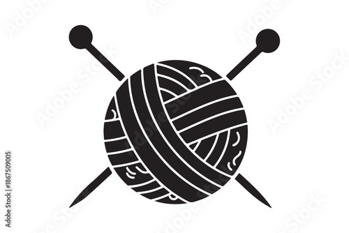 Black crochet hook and ball of yarn vector art isolated on white background