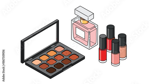 A collection of beauty products, including an eyeshadow palette, perfume bottle, and nail polishes, arranged on a white surface for a sophisticated aesthetic.
