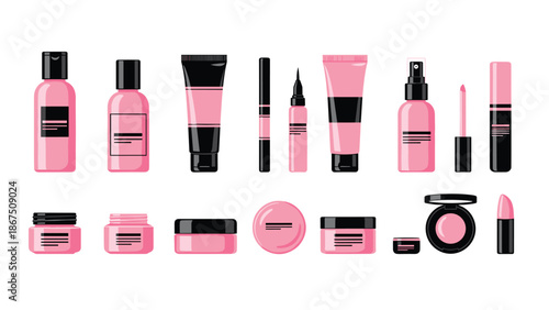 A range of pink-themed cosmetic products, including lotions, creams, mascara, lipstick, and blush, neatly laid out against a white background for a clean look.
