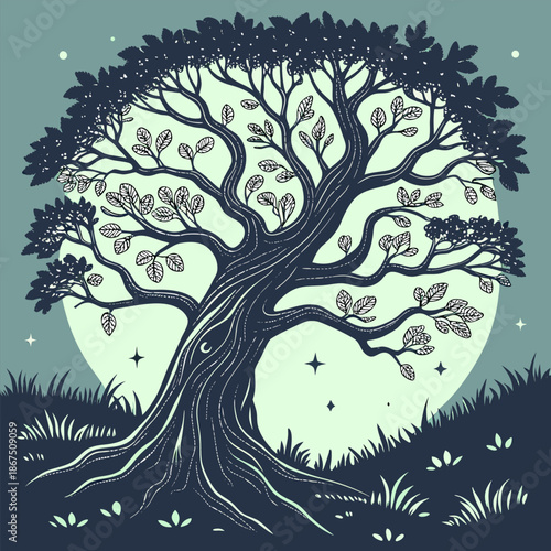 Stylized tree with full canopy in dark blue and light green tones with a full moon in the background for nature and fantasy illustration.
