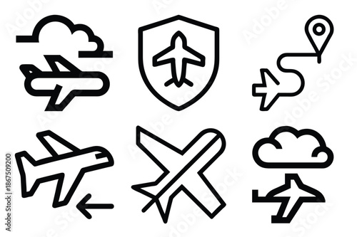 A collection of aviation themed line icons depicting planes clouds security and location