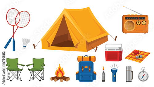 Camping and outdoor recreational items, such as a tent, chairs, campfire, backpack, and sports equipment, arranged on a white background for adventure themes.