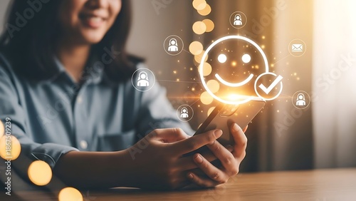 Woman using smartphone to provide positive feedback with glowing smiley face icon for customer satisfaction and service rating