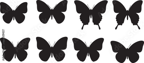 Seven black butterfly silhouettes with one dripping paint on white background