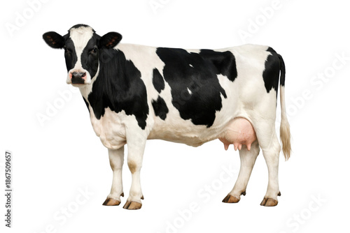 Full body  healthy black and white Holstein dairy cow standing naturally in side view, isolated on a clean white background. Agricultural livestock concept with calm posture