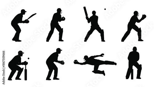 Silhouettes depicting various stages of a cricket game in action