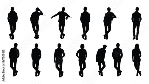 Silhouettes of people in various poses and walking motions displayed together