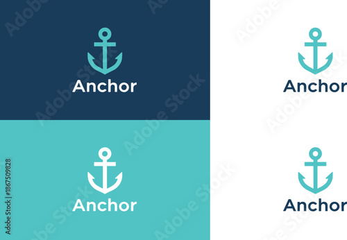 Modern minimalist anchor logo set in teal and blue for maritime branding shipping companies and nautical themed business identity.