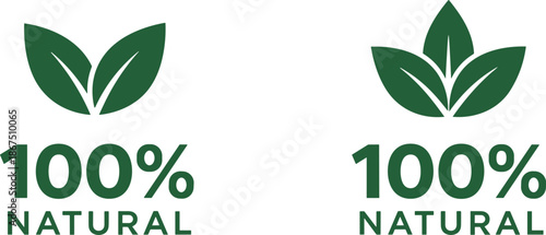 Organic green leaf logo badge set for one hundred percent natural product packaging labels and healthy eco-friendly branding vector.