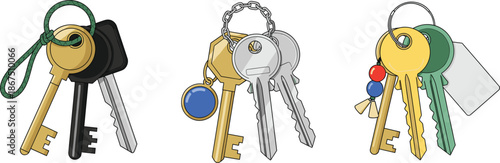 Set of house and door keys on keyrings vector illustration isolated on white background for security and access concepts