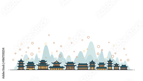 A stylized landscape featuring traditional Chinese architecture, mountains, and decorative circles against a white background, evoking East Asian aesthetics.