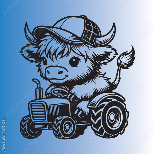 Funny cow and bull cartoon vector illustration featuring a cute farm animal character with a big smile and a blue horse design for fun nature art