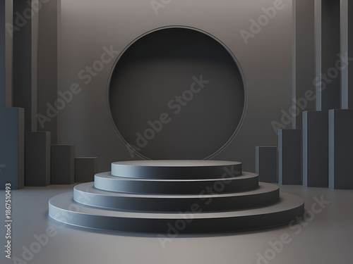 A 3d render of a blank silver podium with a round metallic pedestal and chrome circle frame designed as a sleek gray business icon template