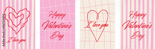 Valentine greeting card set with red heart line art and handwritten text on pink striped and grid backgrounds romantic love design