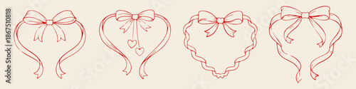 Red heart frames with bows ribbon line art set romantic valentine decorative outline illustration