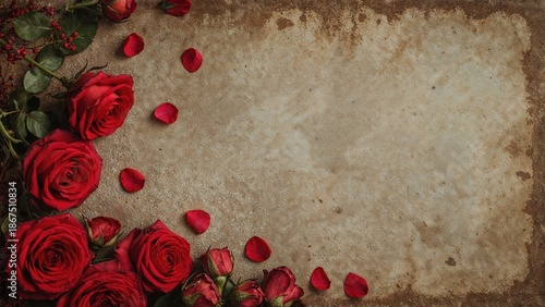 Red roses with scattered petals on a textured background.