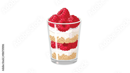 A glass filled with layers of yogurt, granola, and raspberries, showcasing a healthy and visually appealing breakfast or dessert.