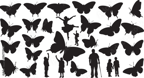 Silhouettes of people and butterflies in a white background black 1