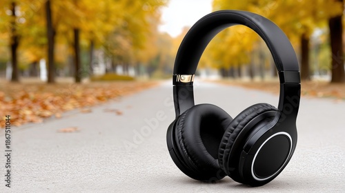 Headphones on autumn leaves warm cozy, black wireless over ear headphones on bed of colorful maple